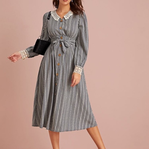 Dresses & Skirts - Self Tie Gingham Shirt Dress Lace Collar & Cuffs